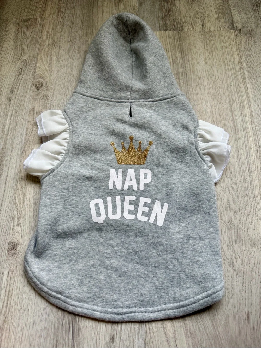 Nap Queen - Grey Hooded Pet/Dog Top Shirt w/ Gold Crown & White details - Small